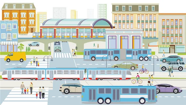 Straßenverkehr Mit Bus Und Hochbahn — Stockvektor