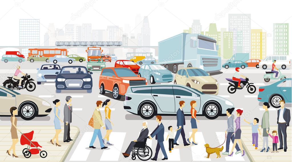 City silhouette with road traffic and people on the crosswalk illustration