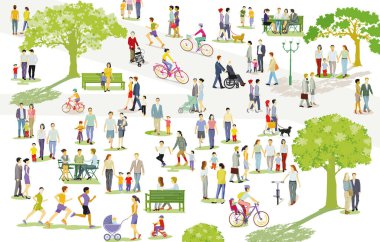 Aileler ve diğer insanlar boş zamanlarında parkta dinleniyorlar.