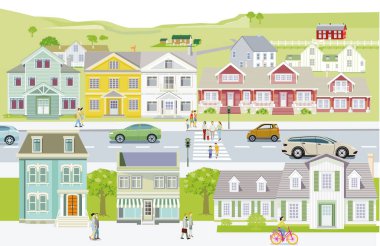 Küçük bir kasabada sokak, dış bina ve trafik illüstrasyonları