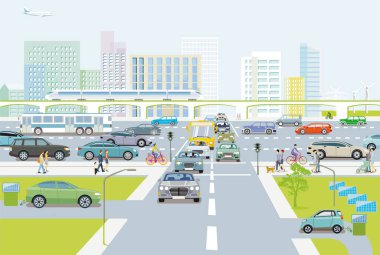 Şehir illüstrasyonunda insan ve araba trafiği