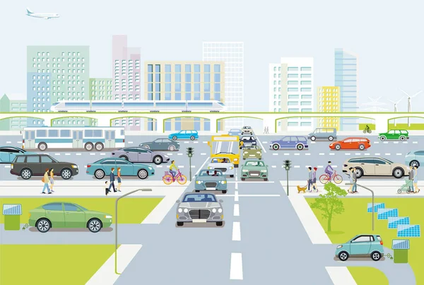 Иллюстрация Движения Людей Автомобилей Городе — стоковый вектор