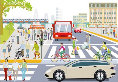 Otobüs durağı olan yol trafiği, zebra geçidindeki yayalar ve illüstrasyonlar