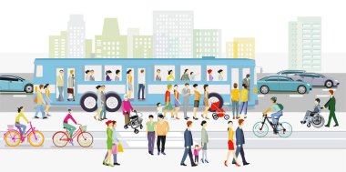 Otobüs durağı, yayalar ve bisikletçiler resimli yol trafiği