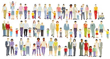 Ebeveynler ve çocuklar, aile grupları beyaza izole edilmiş, illüstrasyon