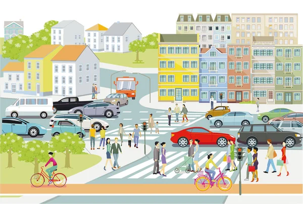 Les Gens Circulation Automobile Dans Ville Illustration — Image vectorielle