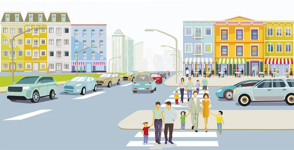 City Silhouette Families Crosswalk Road Traffic Illustration — Vetor de Stock