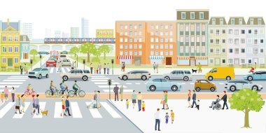 Big city with people and street traffic and in front of buildings, illustration