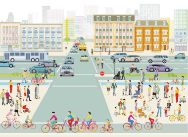 Big city with people and street traffic and in front of buildings, illustration