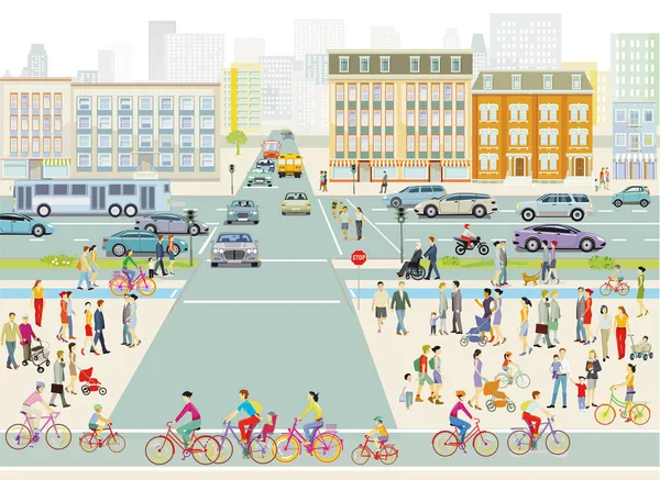 Grote Stad Met Mensen Straatverkeer Voor Gebouwen Illustratie — Stockvector