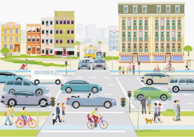 City silhouette with road traffic and pedestrians on the pedestrian crossing, illustration
