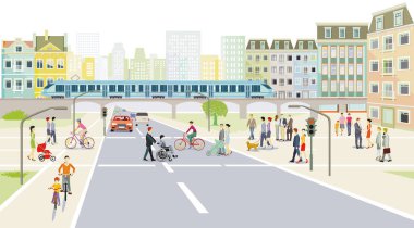 City silhouette with road traffic and pedestrians on the pedestrian crossing, illustration