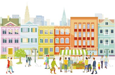 City silhouette with pedestrians in residential district, illustration