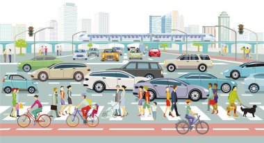 City silhouette with road traffic and pedestrians on the pedestrian crossing, illustration
