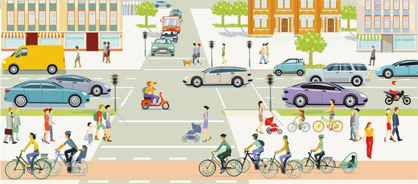 City silhouette with pedestrians and traffic in residential district, illustration