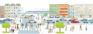 City with road traffic, apartment buildings and pedestrians on the sidewalk llustration