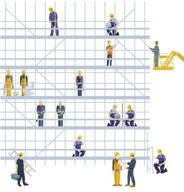 Handyman and builder on a scaffolding, isolated on white, illustration