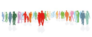 Beyaz arka planda büyük renkli bir grup insan. Görüntü