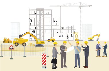 Construction site with architects, construction machines and heavy trucks, illustration