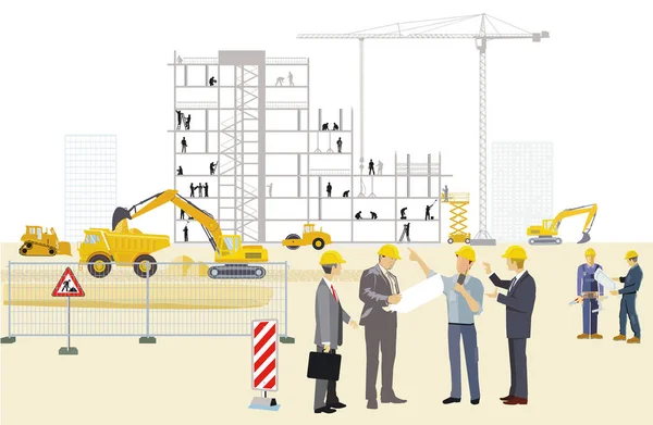 Construction Site Architects Construction Machines Heavy Trucks Illustration — ストックベクタ