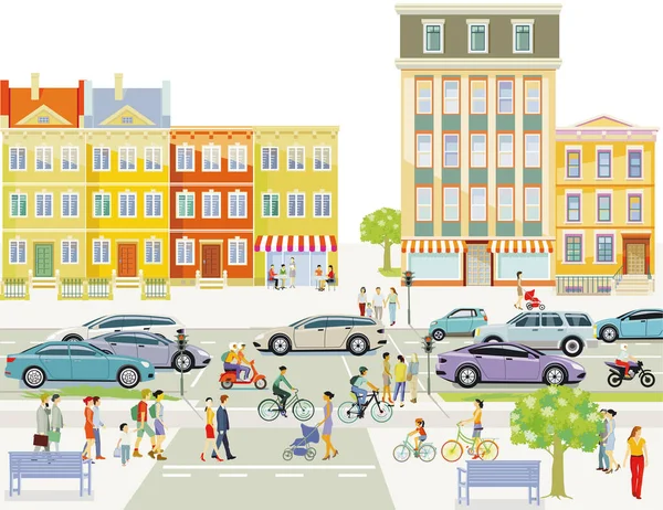 Stadtsilhouette Mit Straßenverkehr Und Menschen Auf Dem Zebrastreifen Illustration — Stockvektor