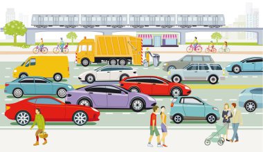 Big city with road traffic and people, illustration