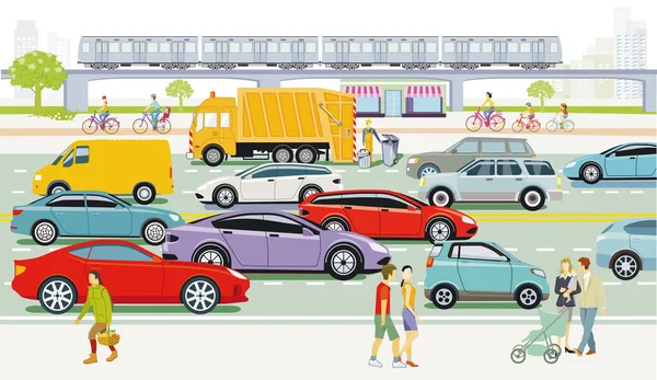 Big City Road Traffic People Illustration — 图库矢量图片