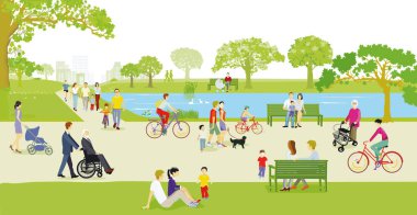 Families and other people have a leisure time in nature, illustration