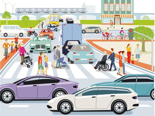 城市形象与道路交通和人行横道上的插图 — 图库矢量图片