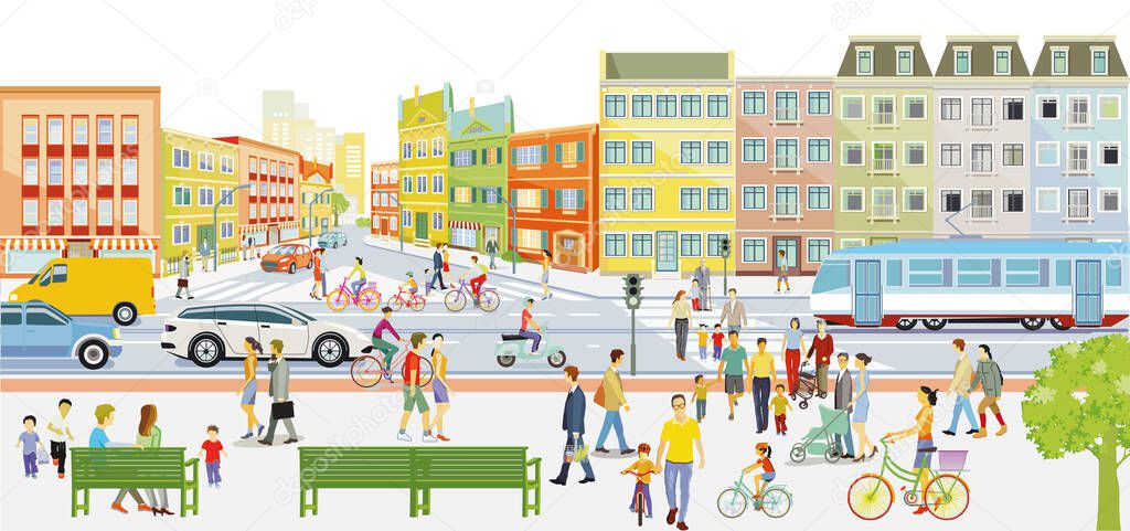 City silhouette with pedestrians in residential district, illustration
