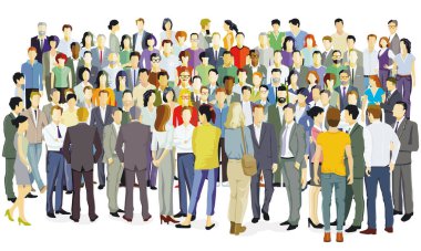 Beyaz arka planda büyük renkli bir grup insan. Görüntü