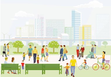 İkametgah bölgesinde yayalarla şehir silueti, illüstrasyon