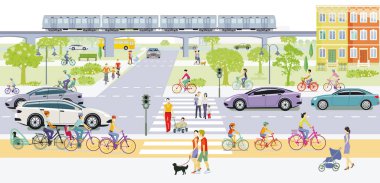 Road traffic and cyclists with pedestrians on the pedestrian crossing, illustration