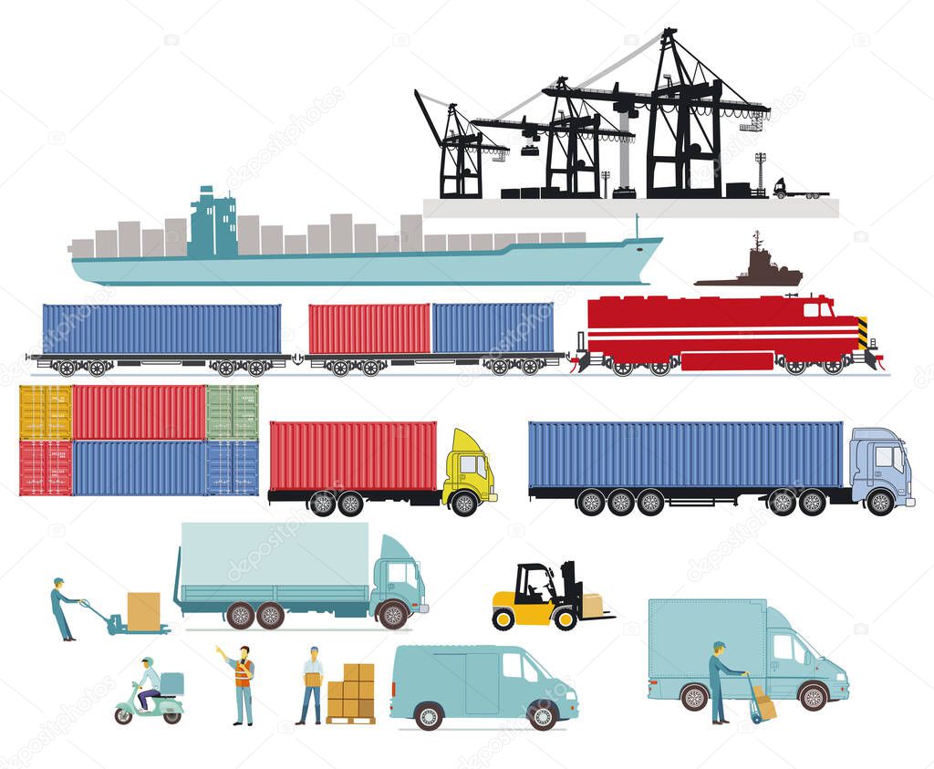 Logistic and shipping, container transportation, illustration