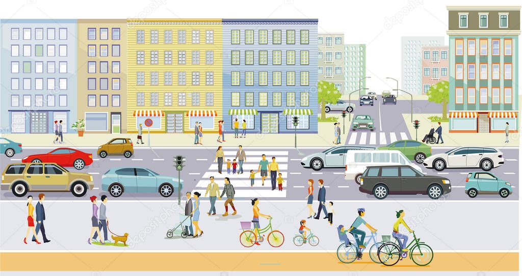 City silhouette with road traffic and pedestrians on the pedestrian crossing, illustration