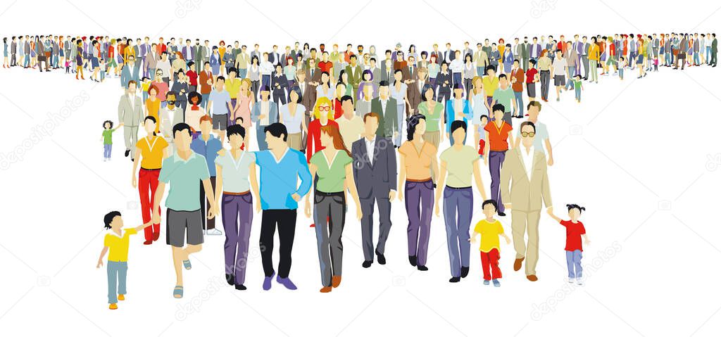 People and families gather together and protest on the street isolated on white background. illustration