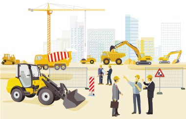 Construction site with architects, construction machines and heavy trucks, illustration