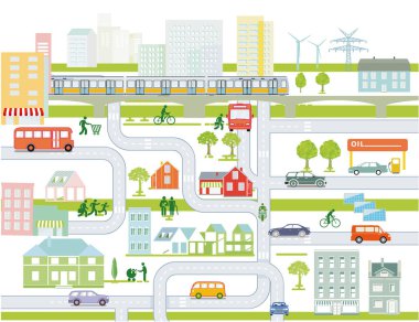 Yol trafiği ve evleri olan şehir haritası, bilgi illüstrasyonu