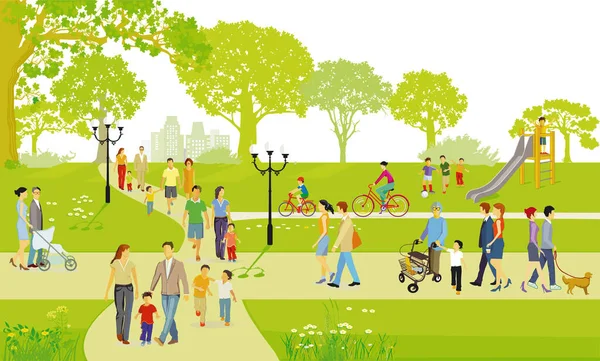 Families and other people have a leisure time in nature, illustration