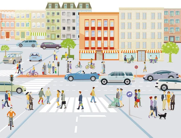 City Silhuett Med Fotgängare Bostadsområde Illustration — Stock vektor