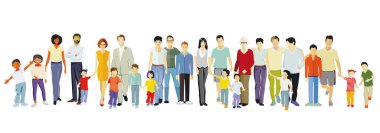 Ebeveynler ve çocuklar, aile grupları beyaza izole edilmiş, illüstrasyon