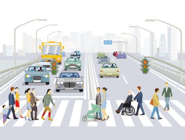 Yaya geçidinde, trafikte, resimde insanlar