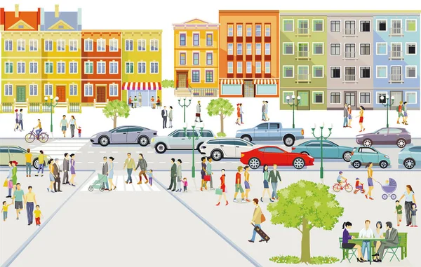 City Silhouette Pedestrians Residential District Illustration — Διανυσματικό Αρχείο