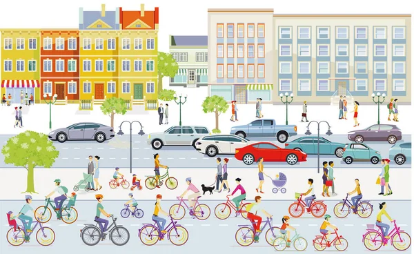 歩行者のイラストで街の自転車レーン上のサイクリスト — ストックベクタ