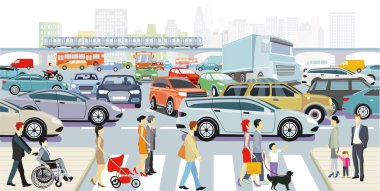 Trafik sıkışıklığında yaya geçidi ile kavşaktaki araba, illüstrasyon