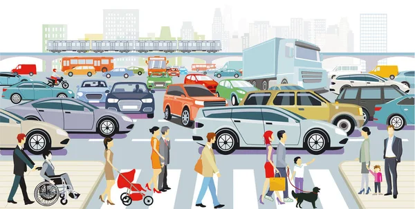 Carro Junção Estrada Engarrafamento Com Travessia Pedestres Ilustração —  Vetores de Stock