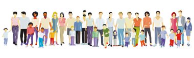Ebeveynler ve çocuklar, aile grupları beyaza izole edilmiş, illüstrasyon