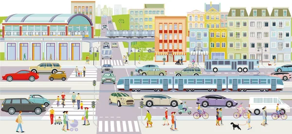 住宅区有公共交通工具和行人的城市形象 — 图库矢量图片