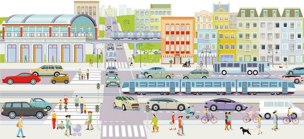 Silueta Ciudad Con Transporte Público Peatones Distrito Residencial Ilustración — Archivo Imágenes Vectoriales