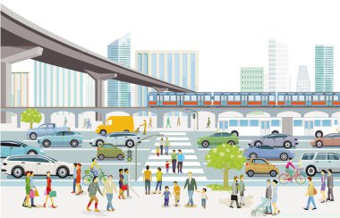 Otobüs durağı olan yol trafiği, büyük şehirde, zebra geçişlerindeki yayalar ve bisikletçilerin çizimleri.